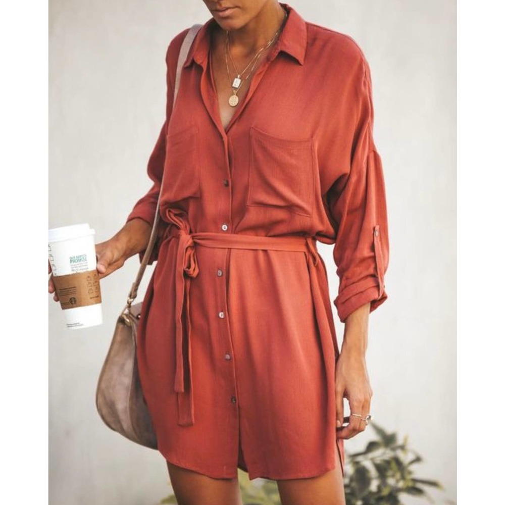 Vici Orange Dolman Sleeve Button Front Tie Waist Shirt Dress Medium